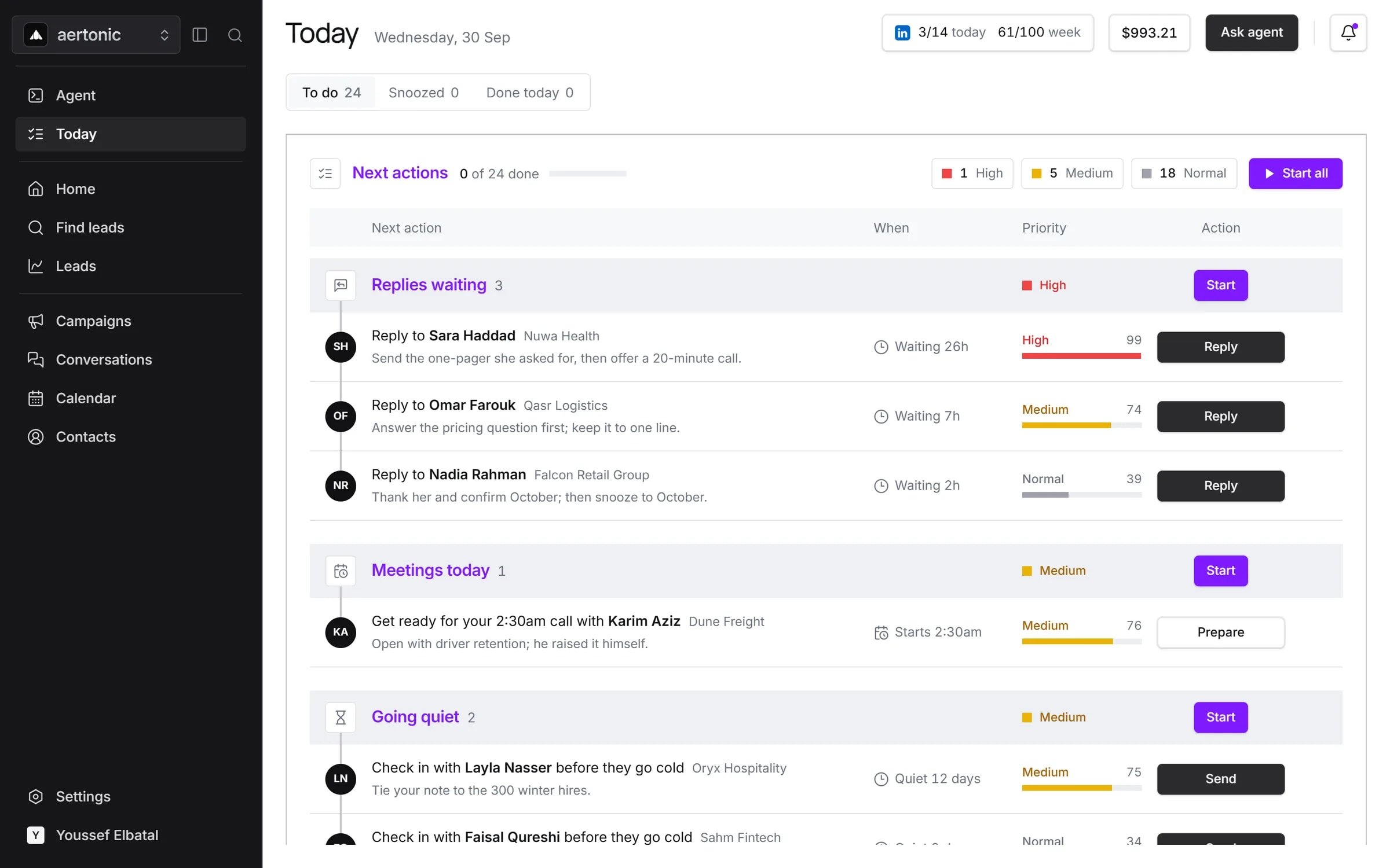The aertonic Today view: replies waiting, meetings today and leads going quiet, in one list.